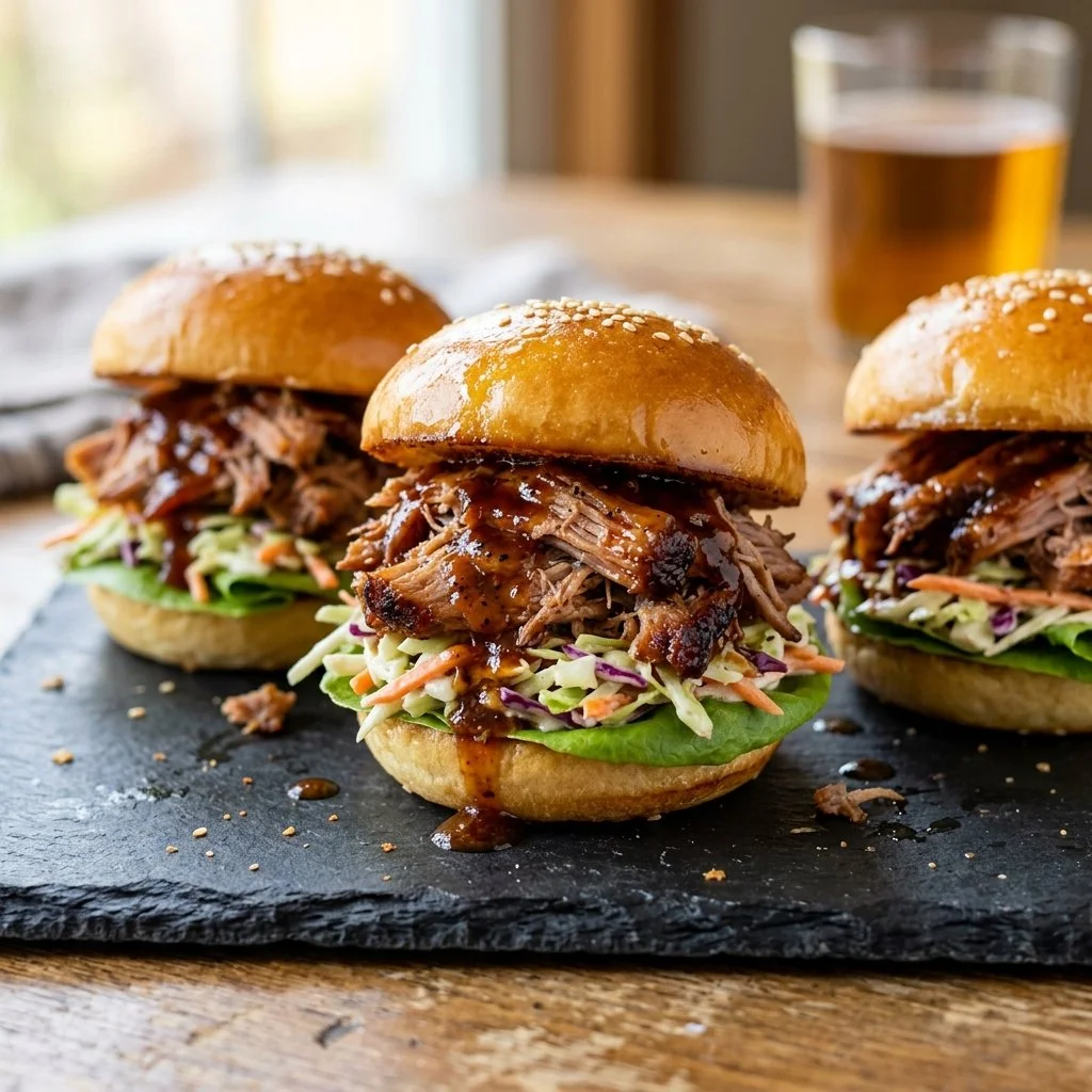 Delicious pulled pork sliders served with coleslaw and BBQ sauce
