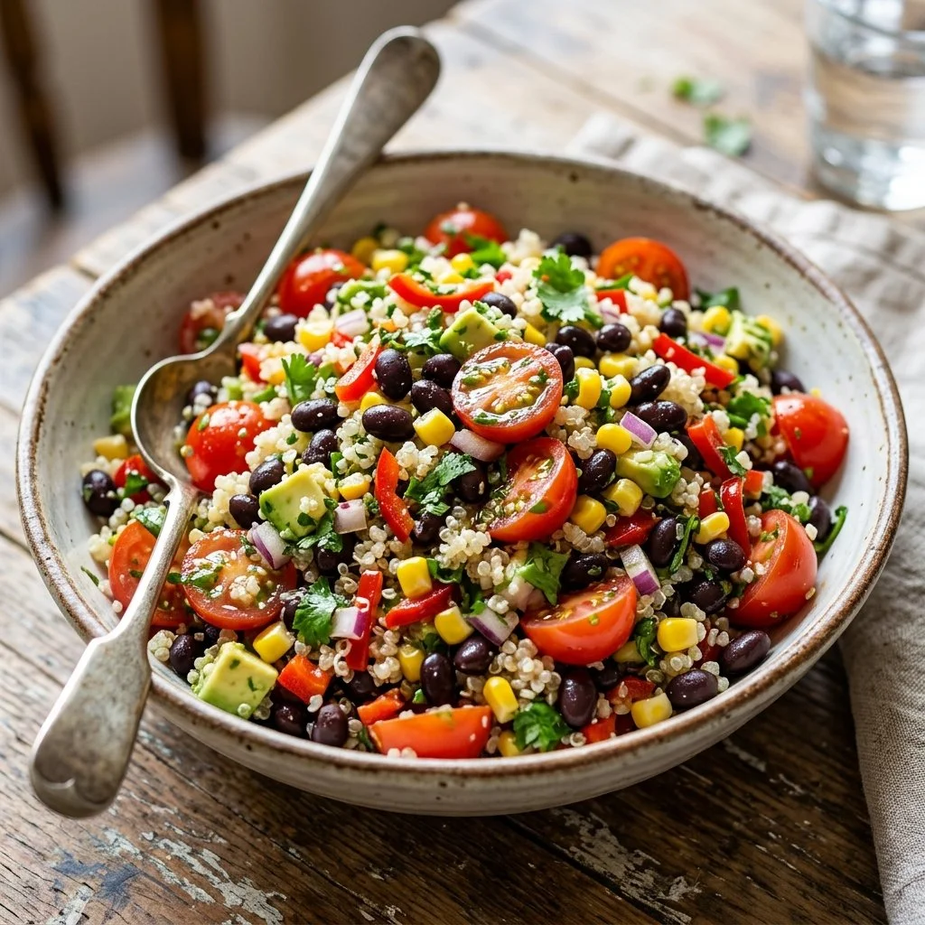 Quinoa Black Bean Salad with colorful vegetables and herbs in a bowl.