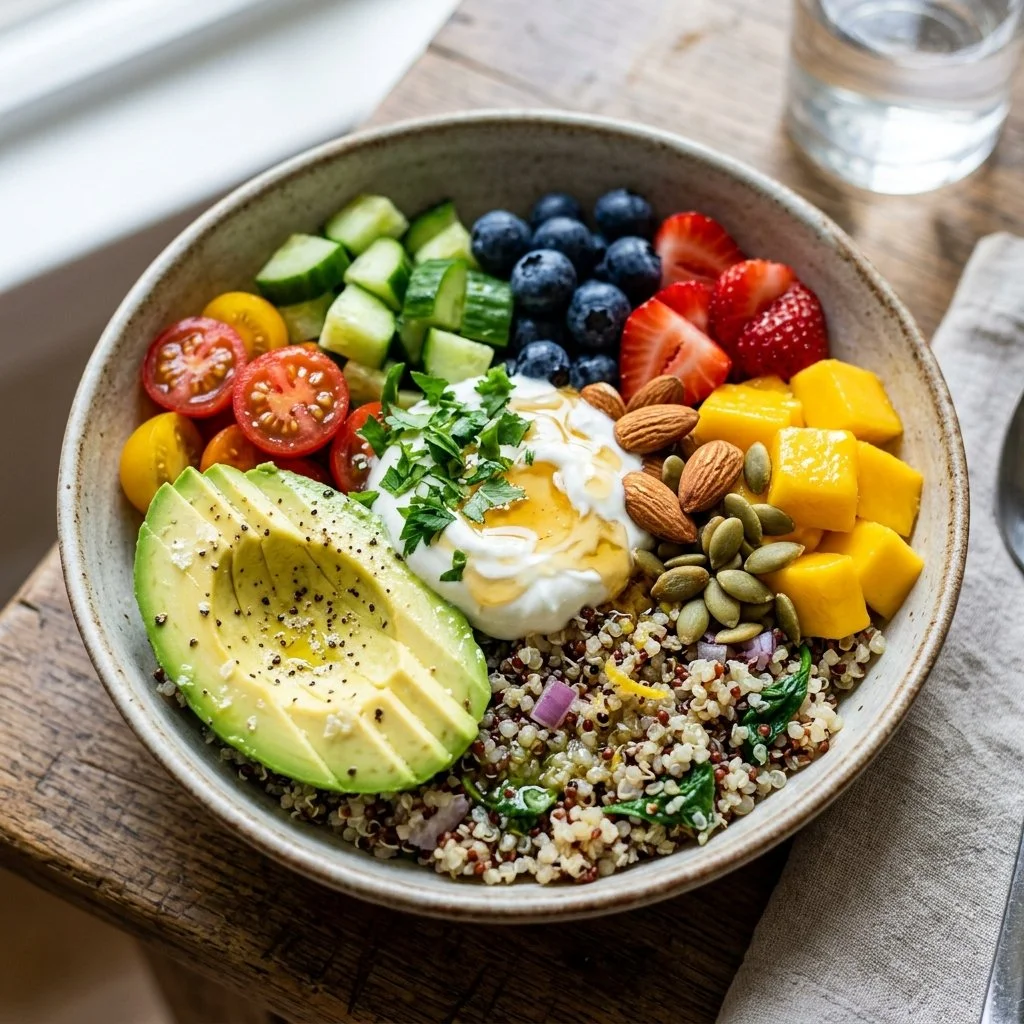 Healthy quinoa breakfast bowl topped with fresh fruits and nuts