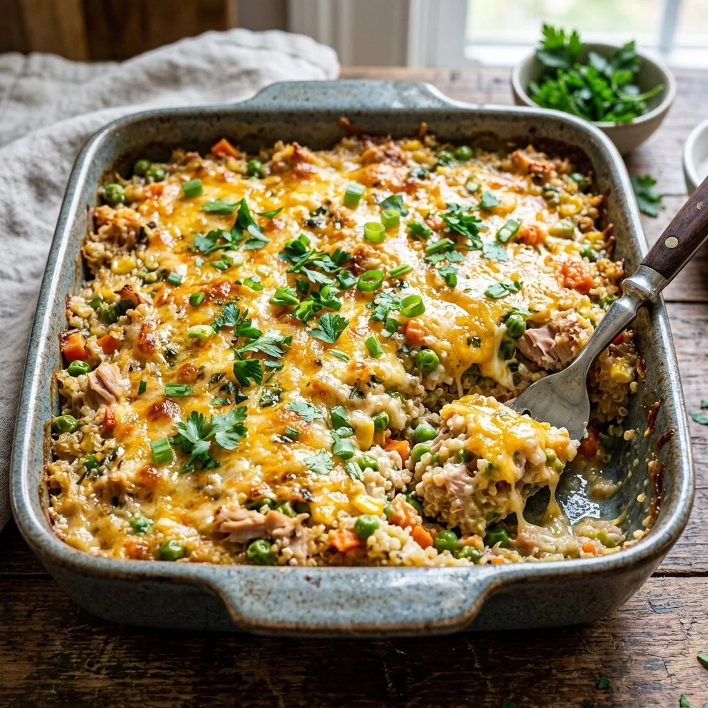 Healthy Quinoa Tuna Casserole topped with cheese and herbs