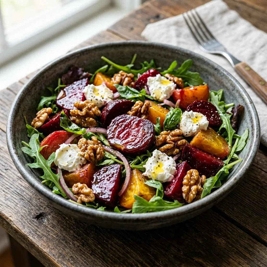 Colorful roasted beet salad with greens and nuts, topped with vinaigrette dressing.