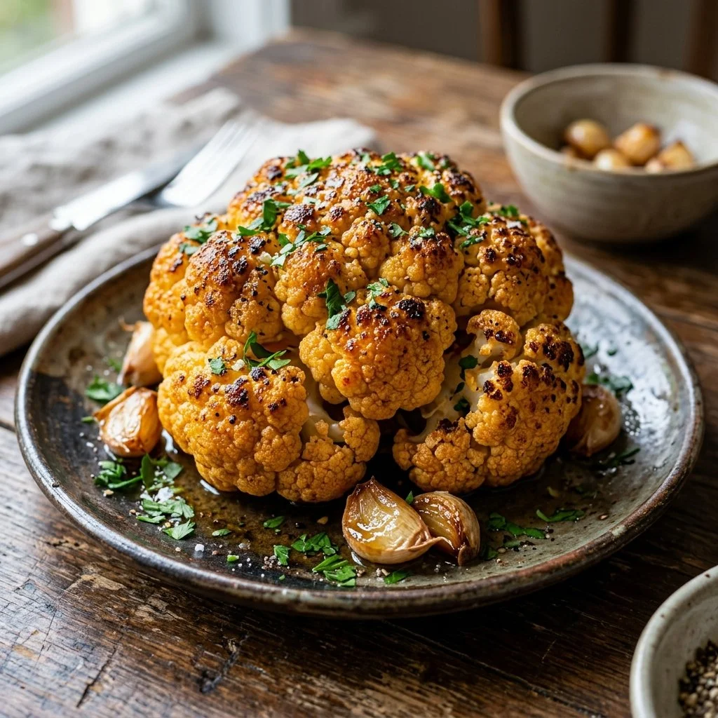 Roasted garlic cauliflower dish with a golden-brown crust and garnished vegetables.