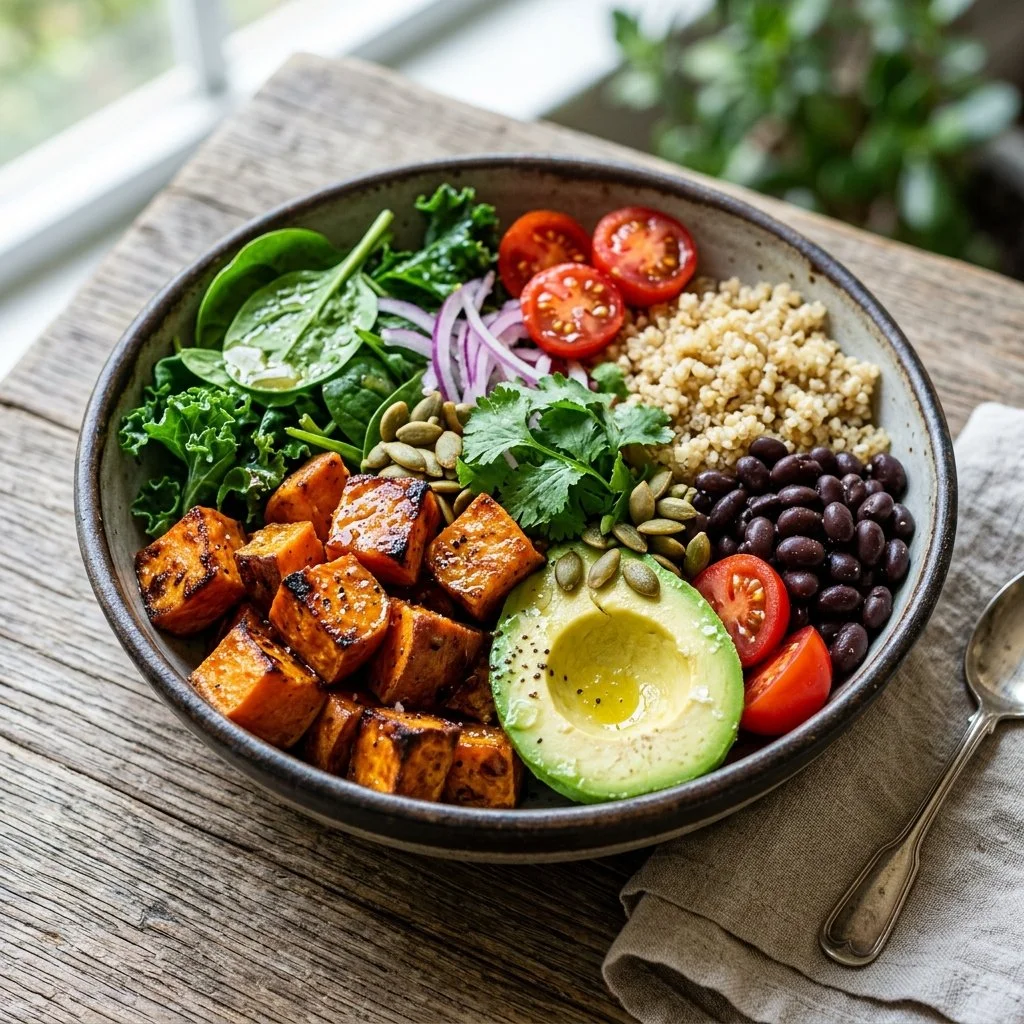 Delicious roasted sweet potato bowls with fresh vegetables and toppings