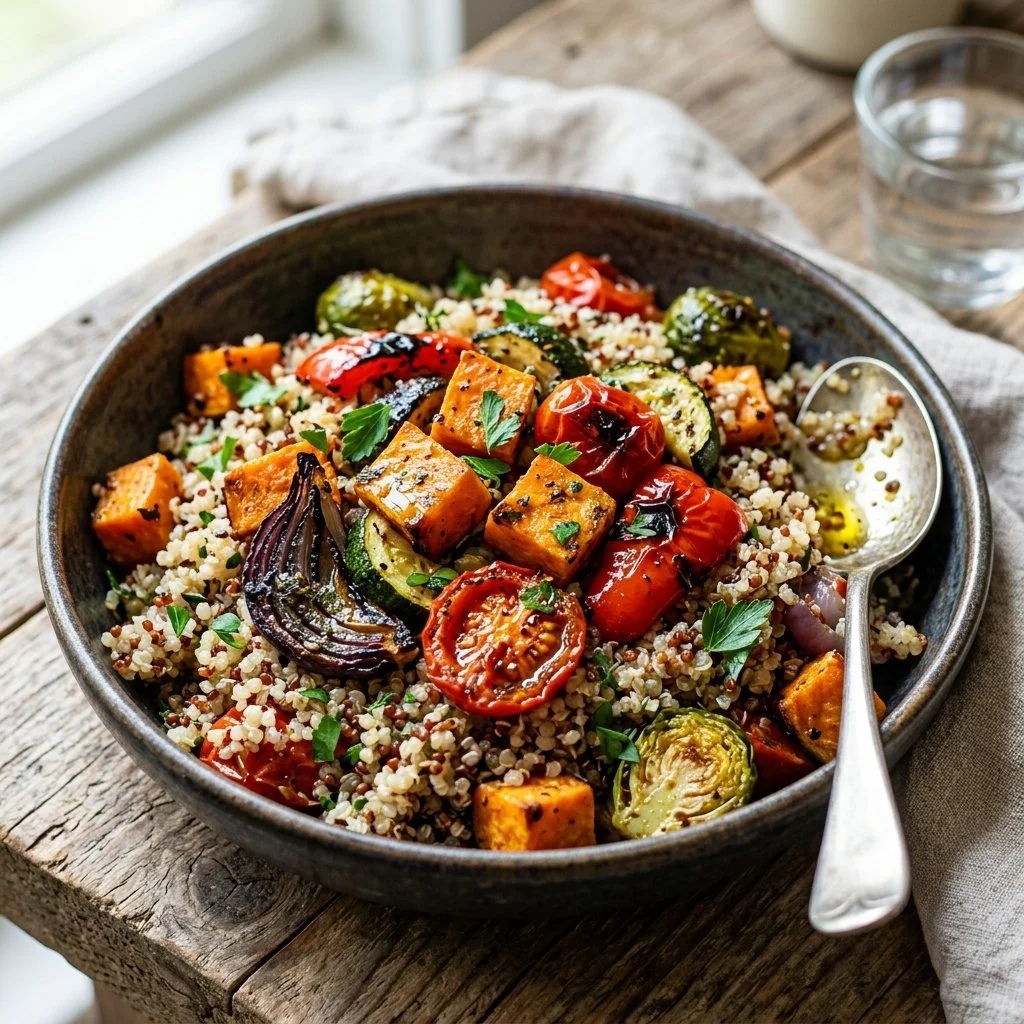 Bowl of roasted vegetable quinoa with vibrant veggies and herbs