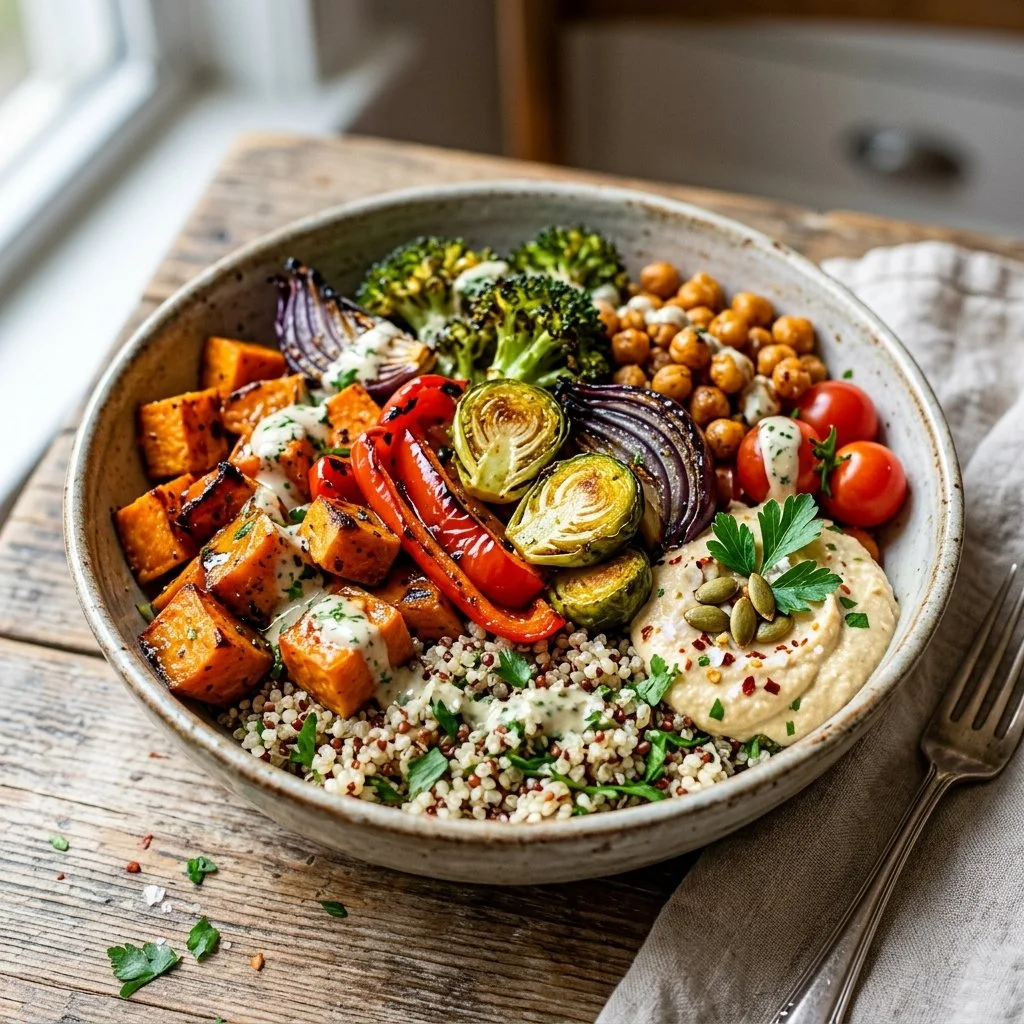 Delicious roasted veggie quinoa bowl with colorful vegetables and fresh herbs.