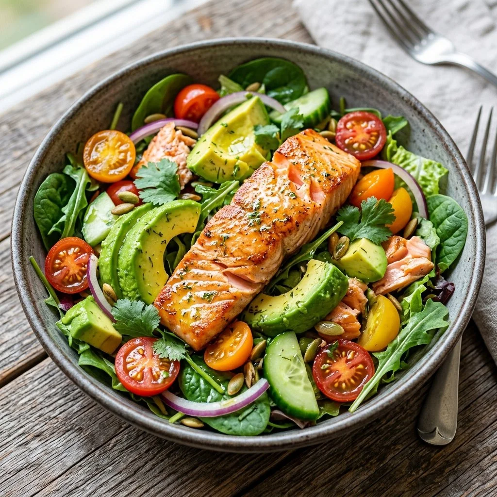 Fresh salmon avocado salad with greens and dressing