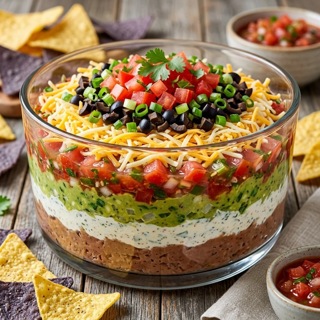 Delicious Seven Layer Dip served in a colorful dish with layers of toppings.