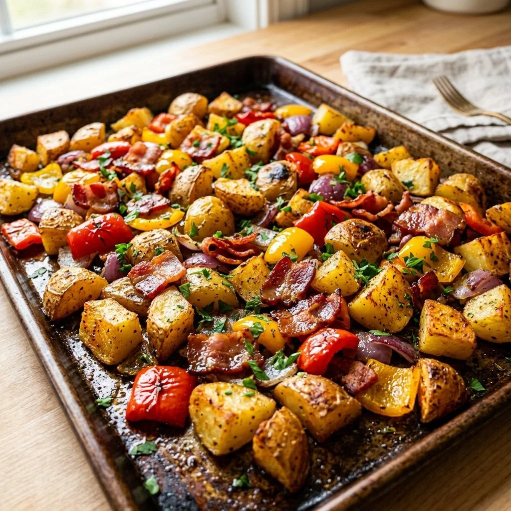 Sheet pan breakfast potatoes cooked until golden brown and crispy