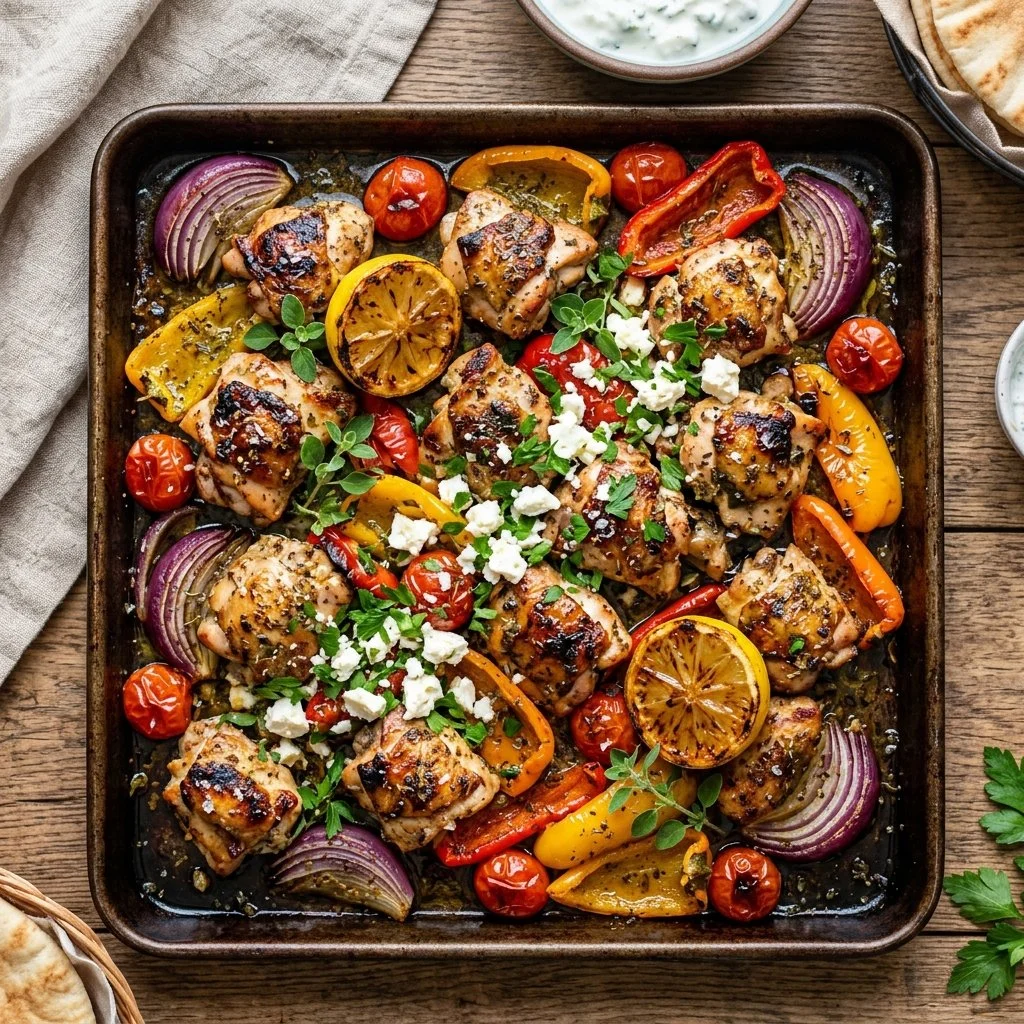 Sheet pan chicken souvlaki with fresh vegetables and herbs