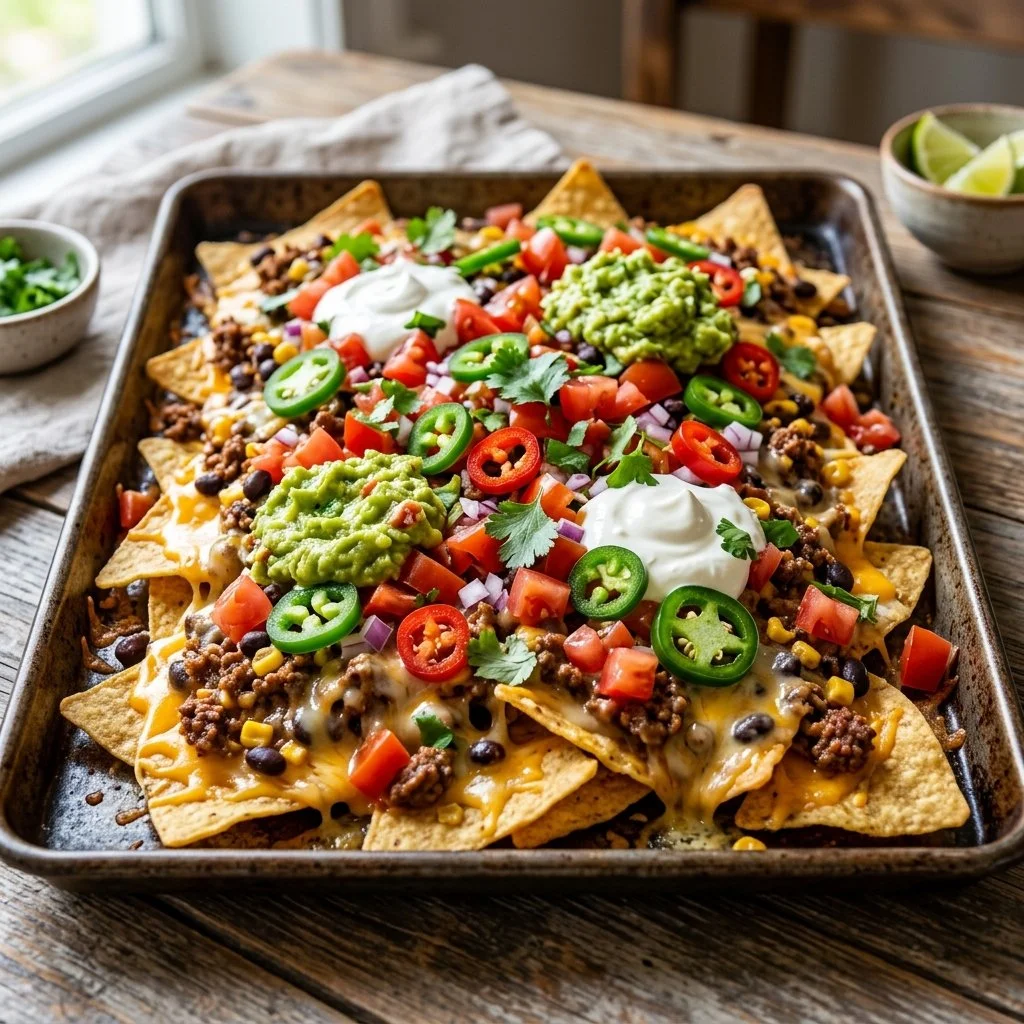 Delicious sheet pan nachos topped with cheese, jalapenos, and guacamole.