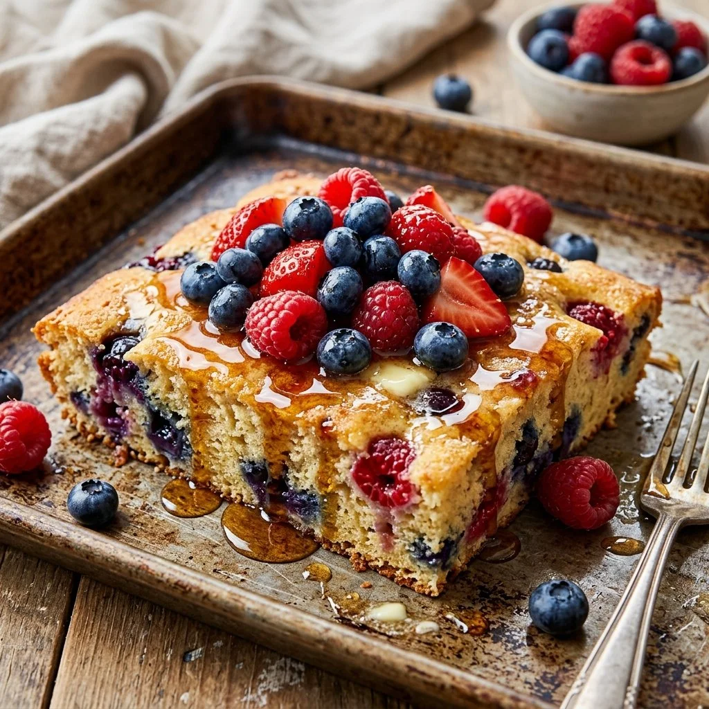Delicious sheet pan pancakes topped with fresh fruits and syrup