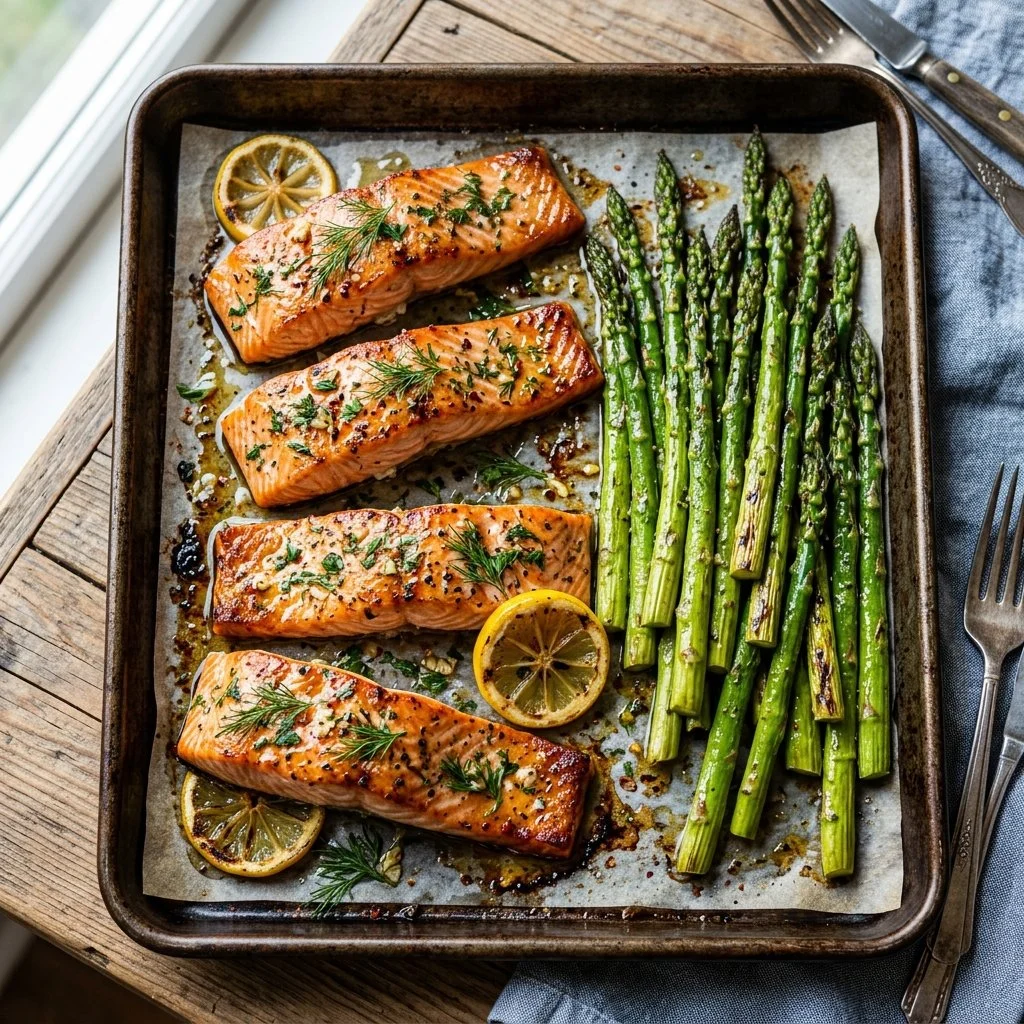 Sheet pan salmon with asparagus ready to serve