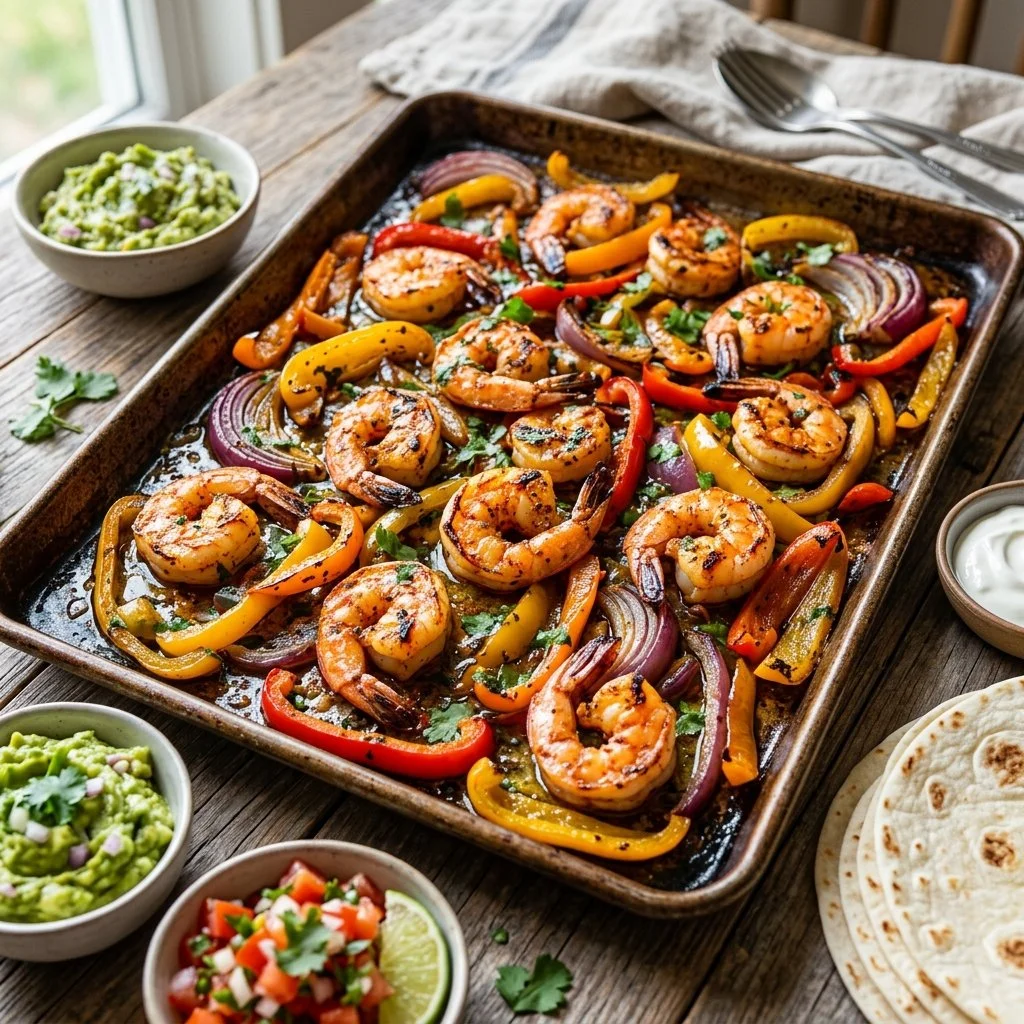 Delicious sheet pan shrimp fajitas with colorful peppers and onions