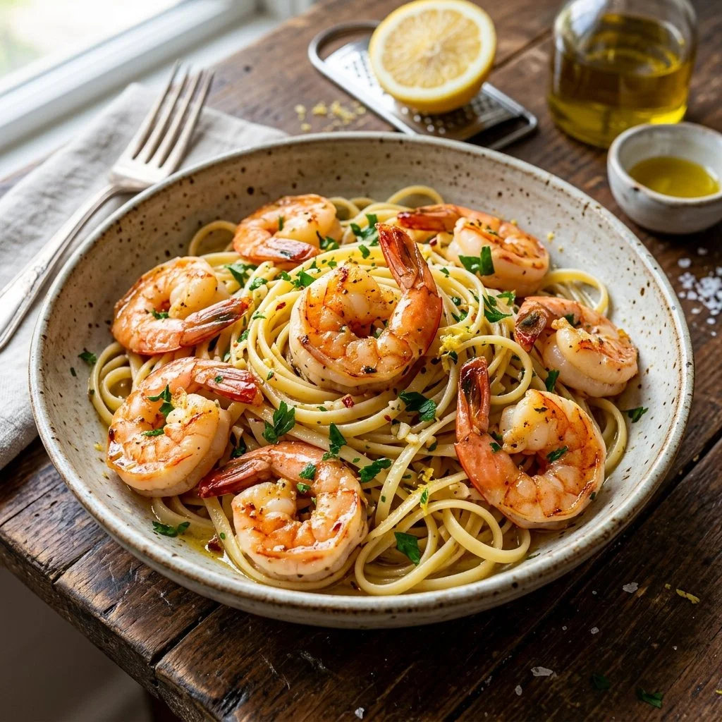 A plate of shrimp scampi pasta with garlic sauce and parsley garnish