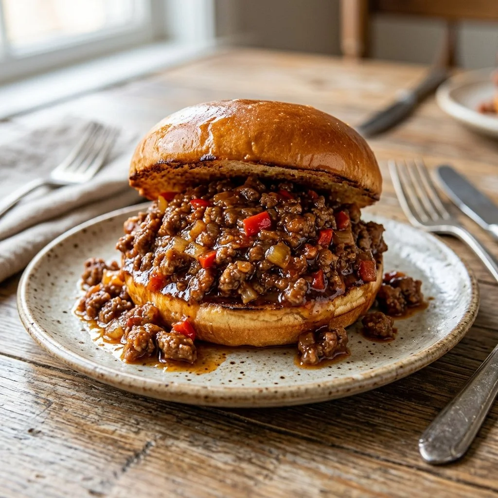 Delicious Sloppy Joes served in a toasted bun with toppings