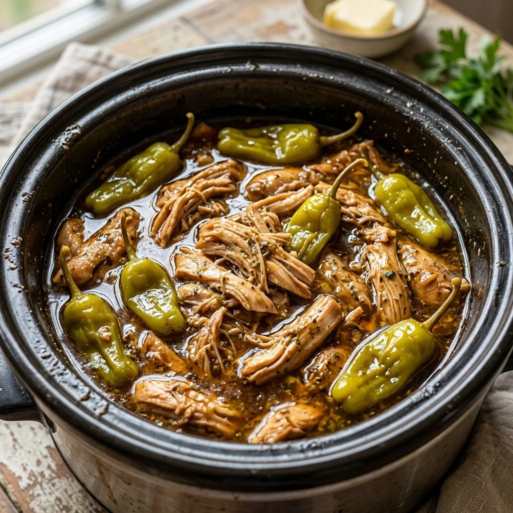 Slow Cooker Mississippi Chicken in a bowl with herbs and spices