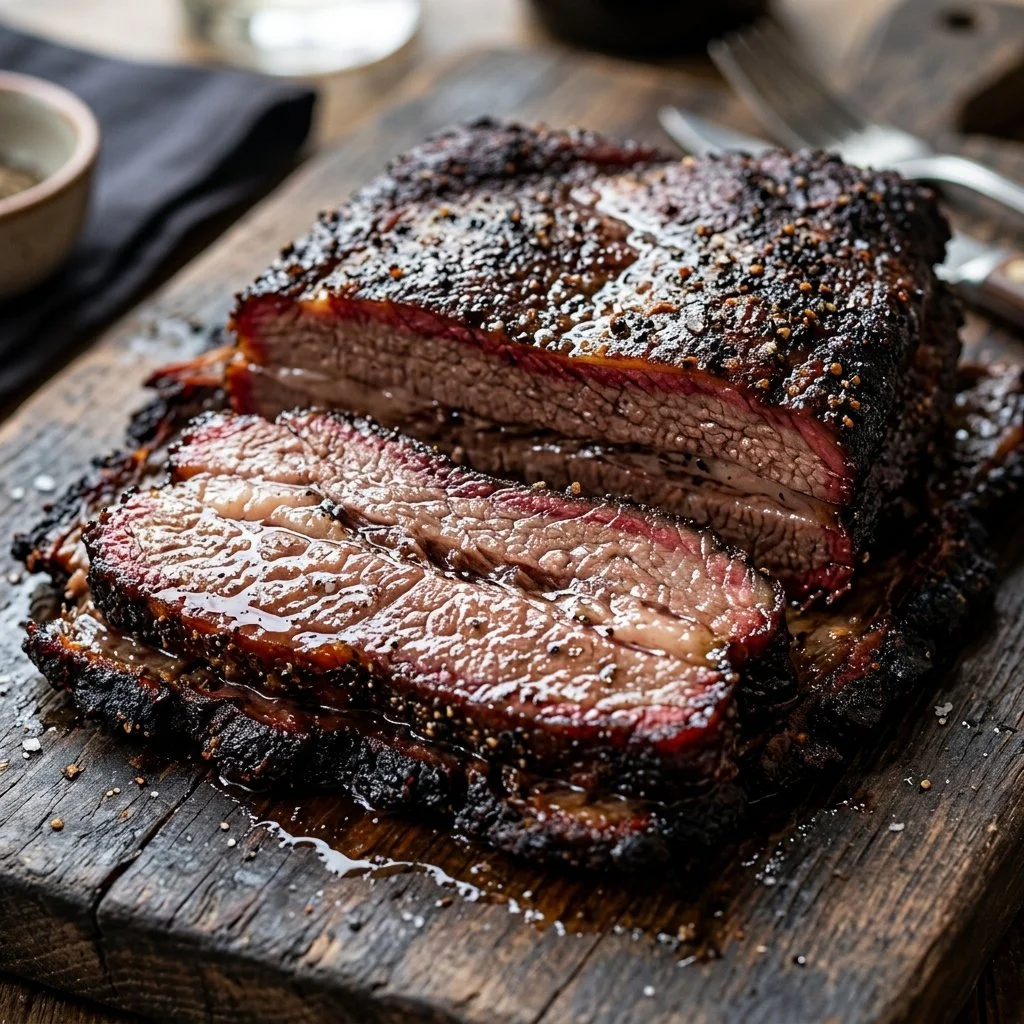 Delicious smoked beef brisket served on a wooden platter with sides.