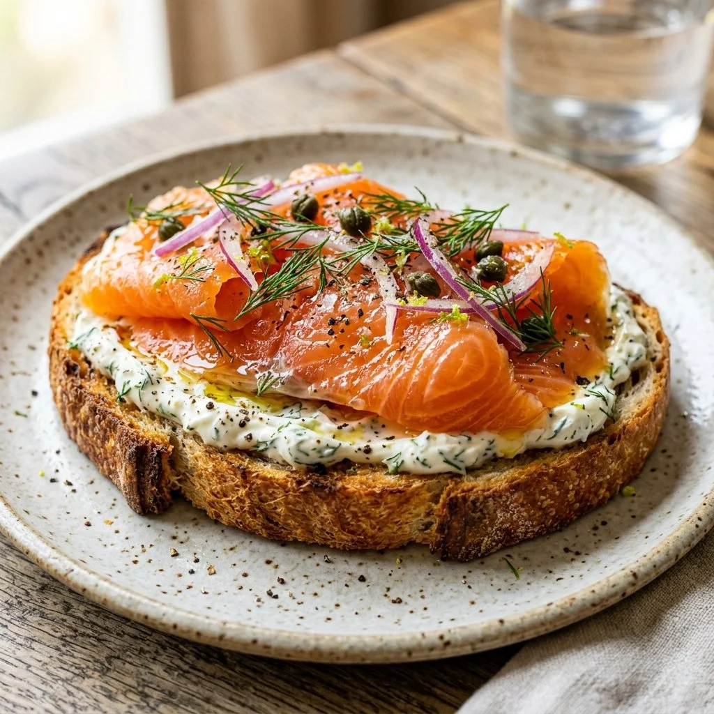 Delicious smoked salmon toast topped with cream cheese and capers
