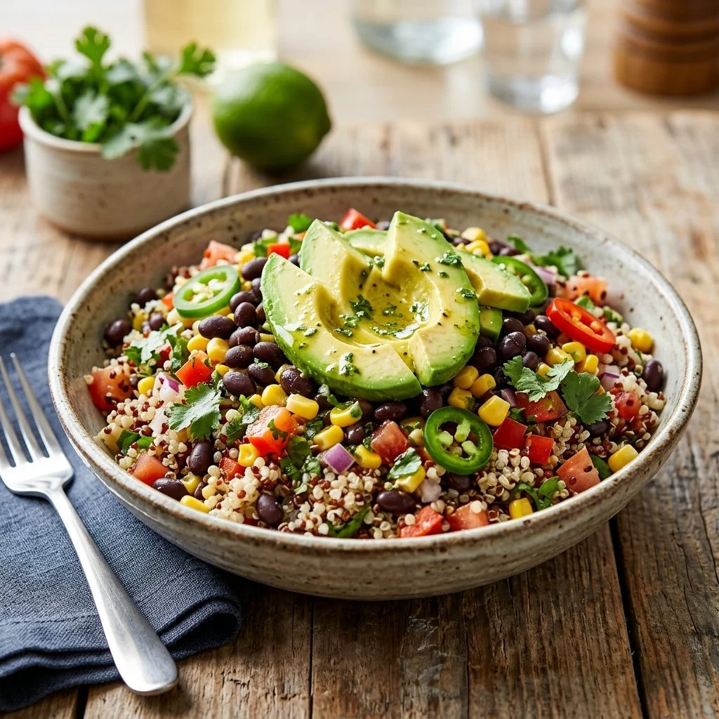 Colorful Southwest quinoa salad with vegetables and dressing