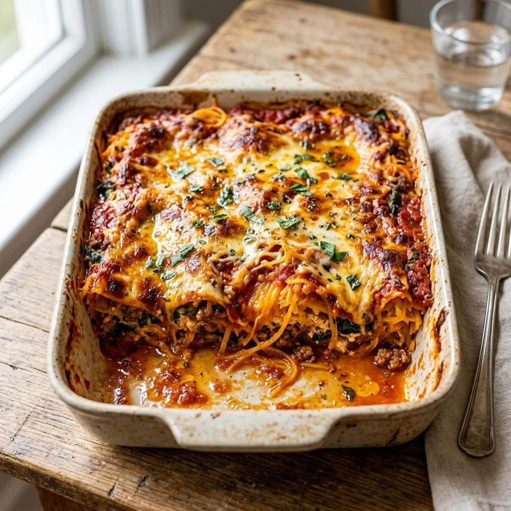 Baked spaghetti squash lasagna served on a plate with cheese and herbs