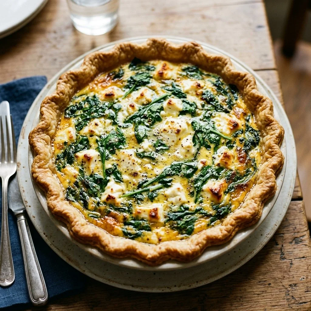 Slice of spinach and feta quiche on a plate