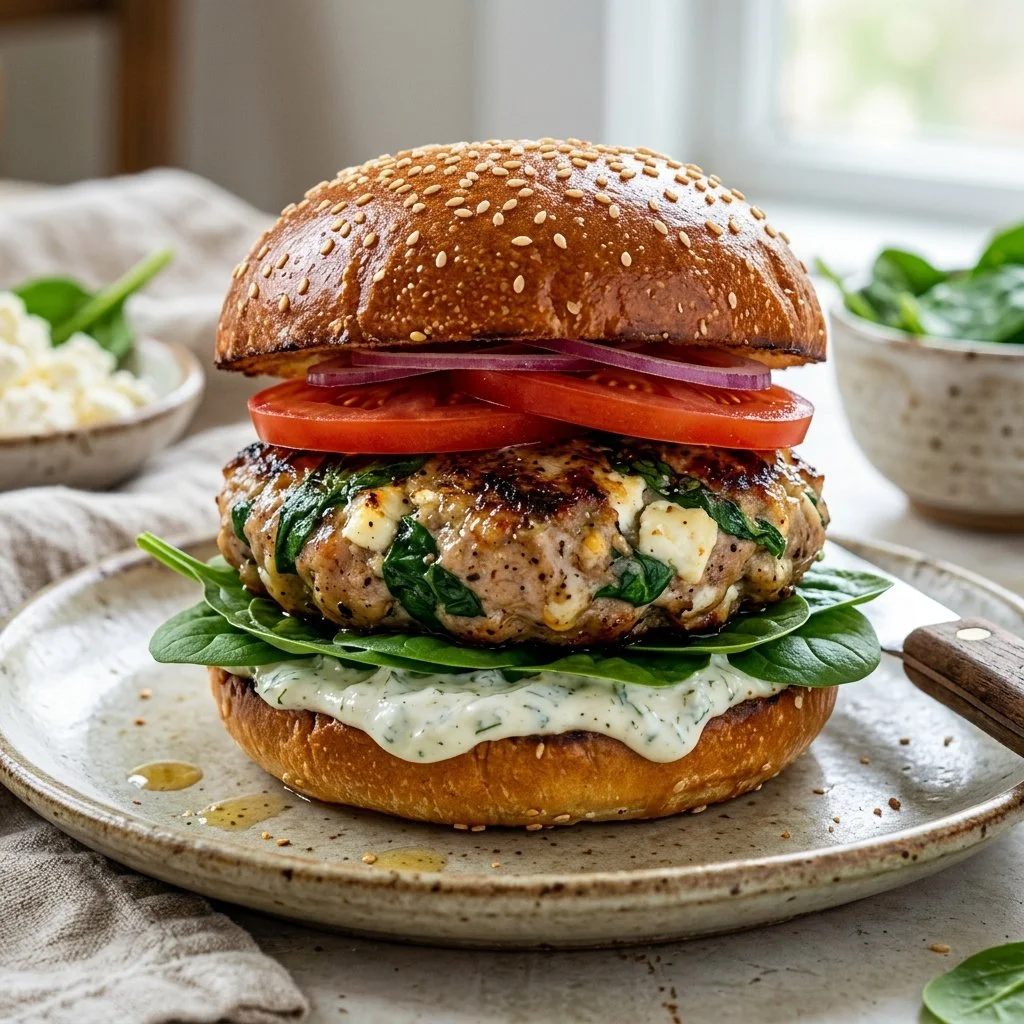 Spinach Feta Turkey Burgers on a plate with fresh ingredients