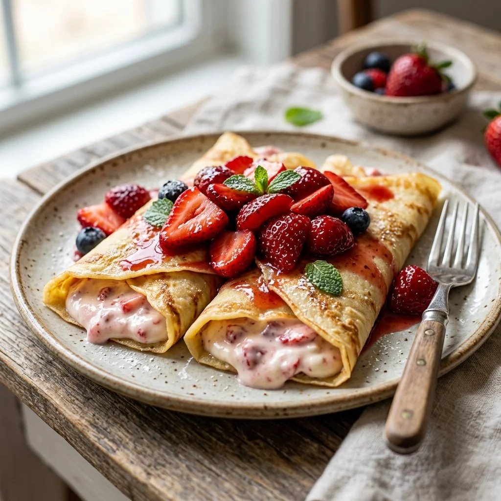 Delicious strawberry cream cheese crepes topped with fresh strawberries and cream.
