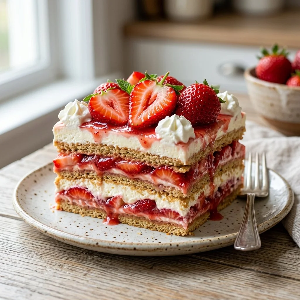 Delicious Strawberry Icebox Cake with fresh strawberries and whipped cream
