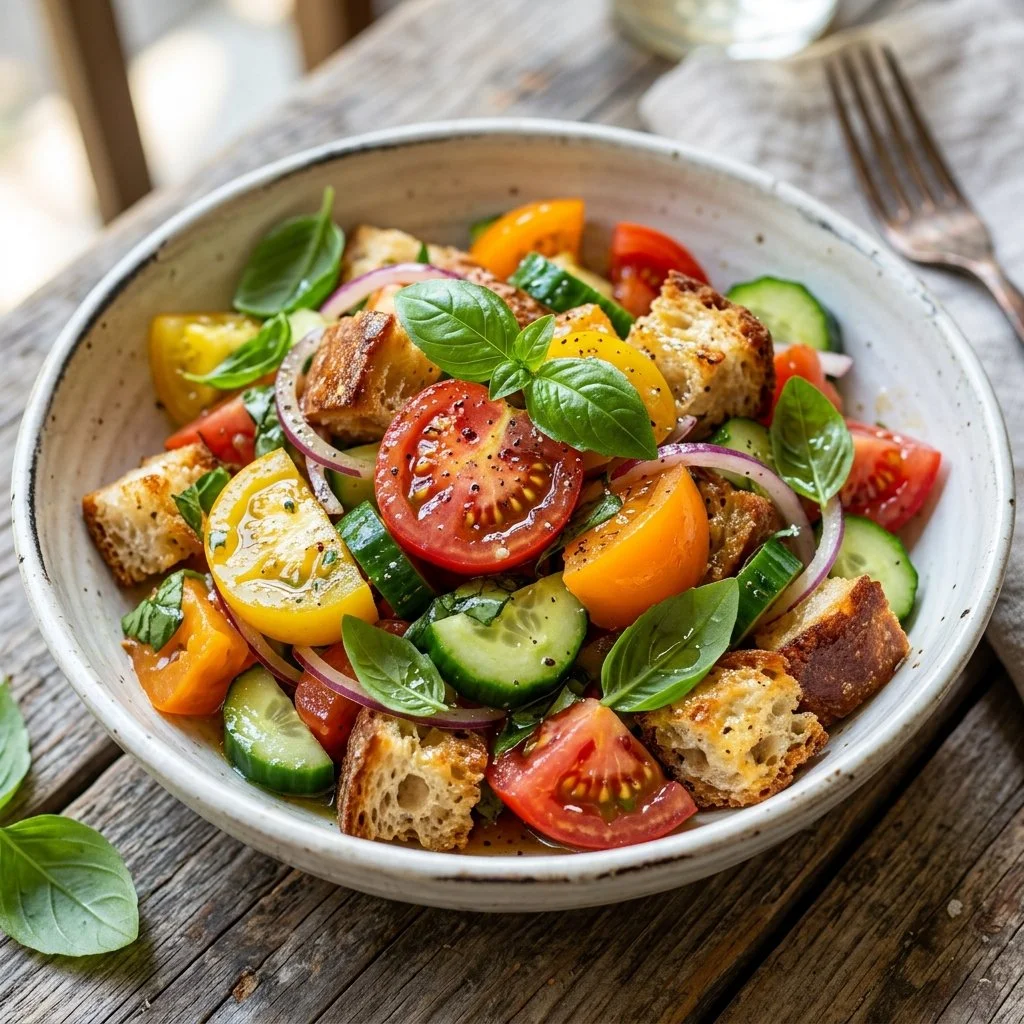 Delicious Summer Panzanella Salad with tomatoes, cucumbers, and bread