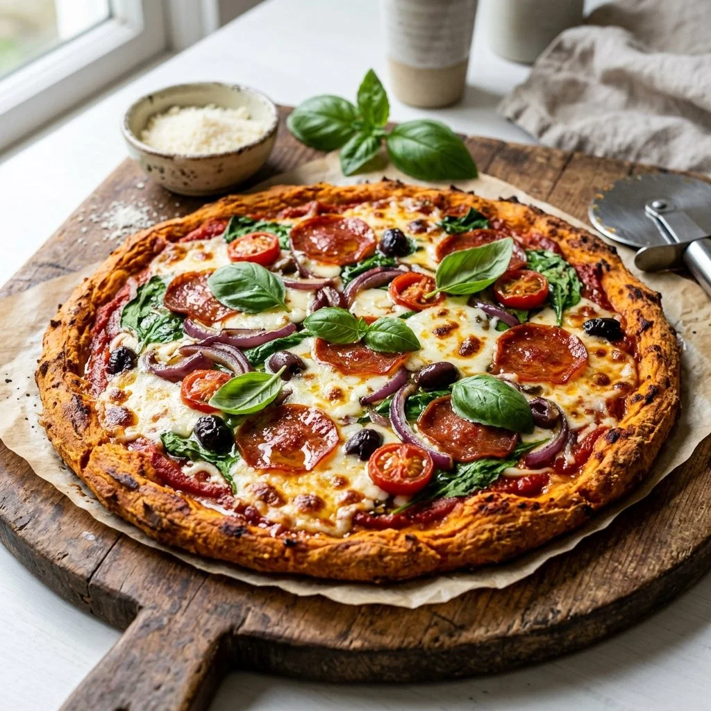 Sweet potato crust pizza topped with fresh vegetables and cheese