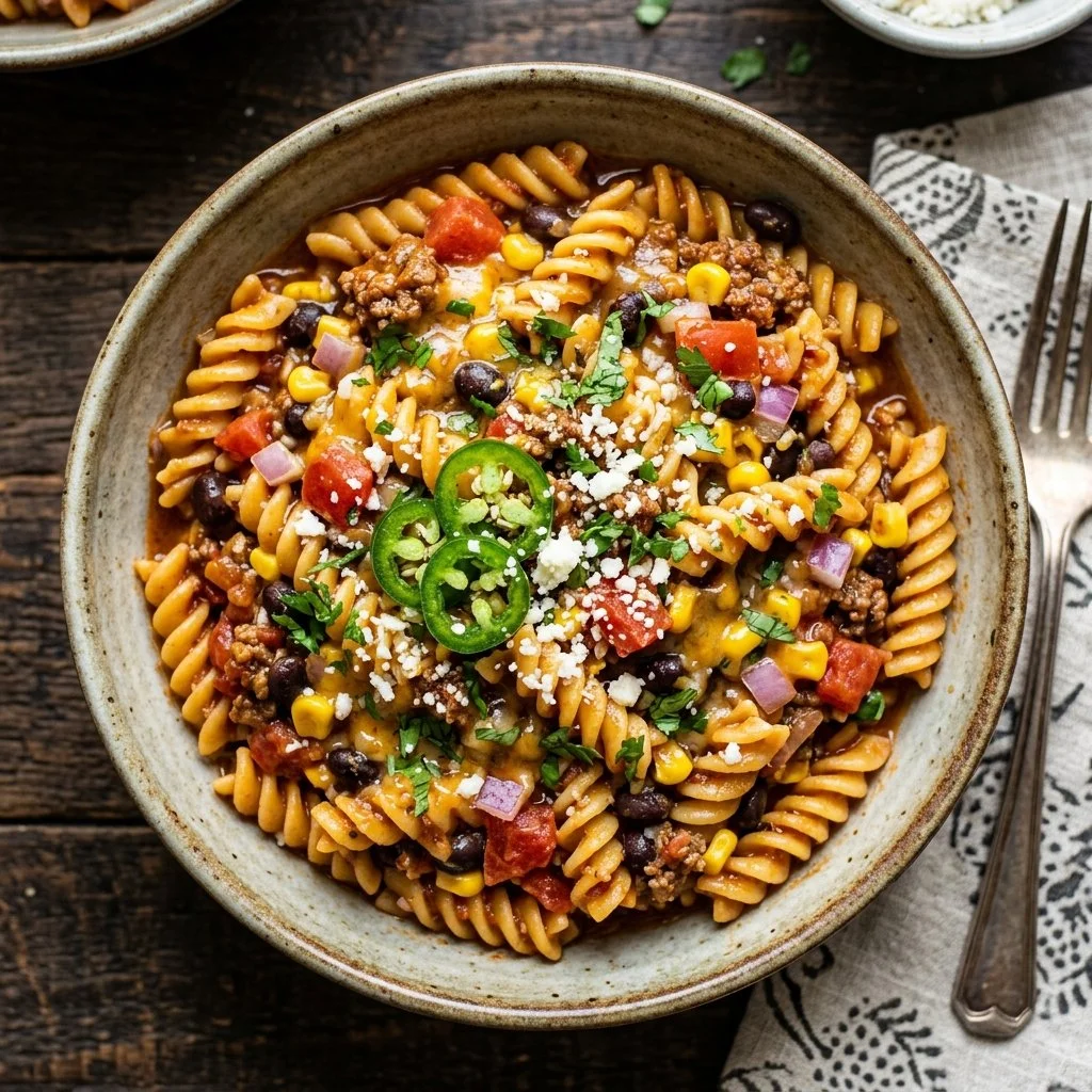 Delicious serving of Taco Pasta with cheese and toppings