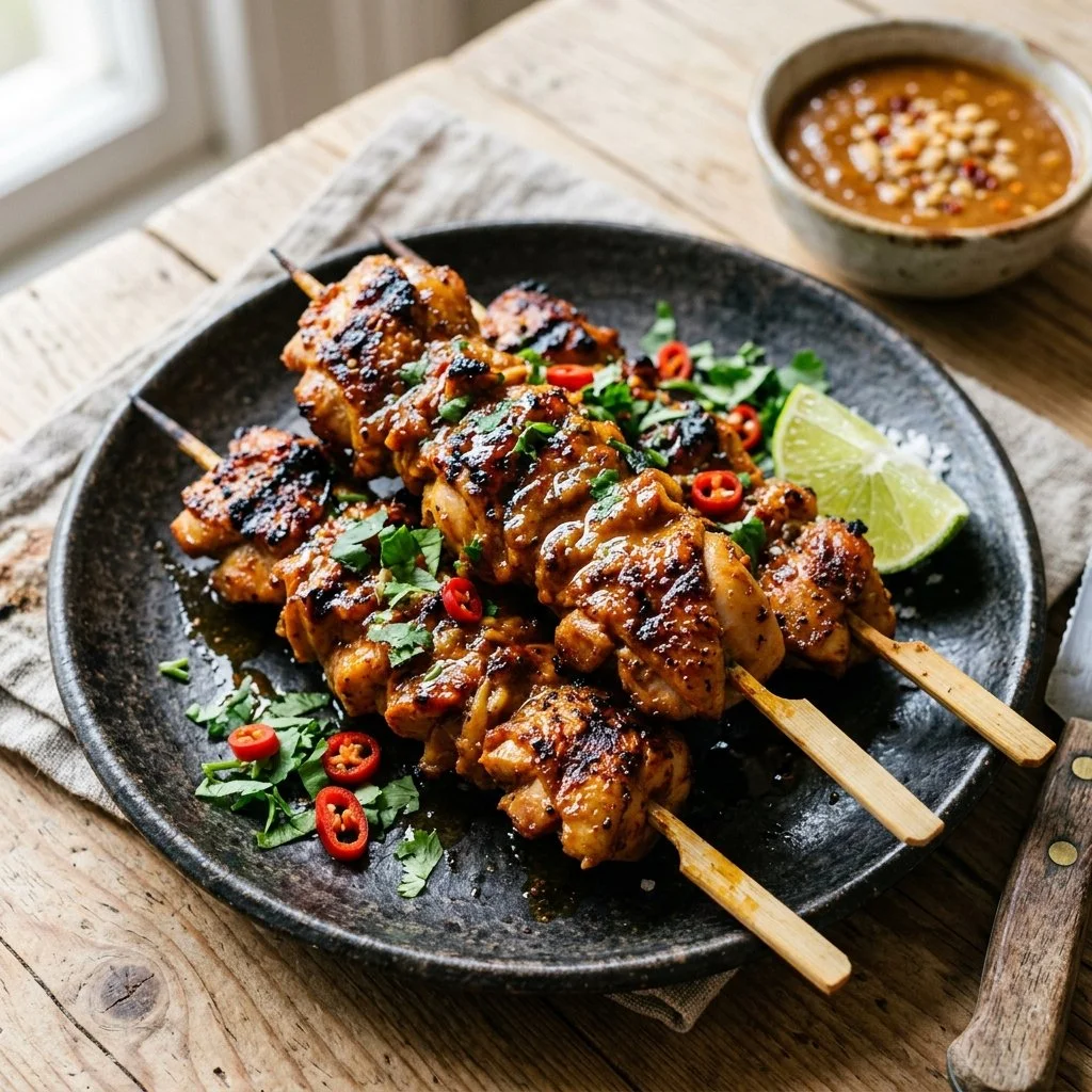 Delicious Thai Chicken Skewers grilled and served on a platter