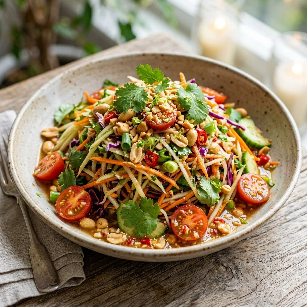 Colorful Thai Peanut Salad with fresh vegetables and peanut dressing