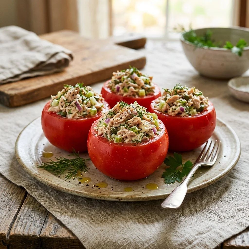 Tuna stuffed tomatoes filled with delicious tuna salad mix