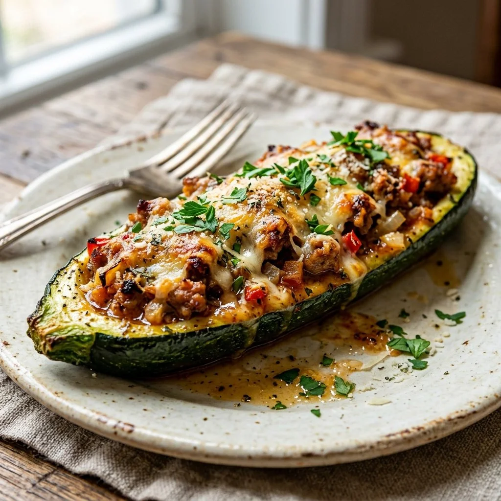 Turkey stuffed zucchini with spices and herbs served on a plate