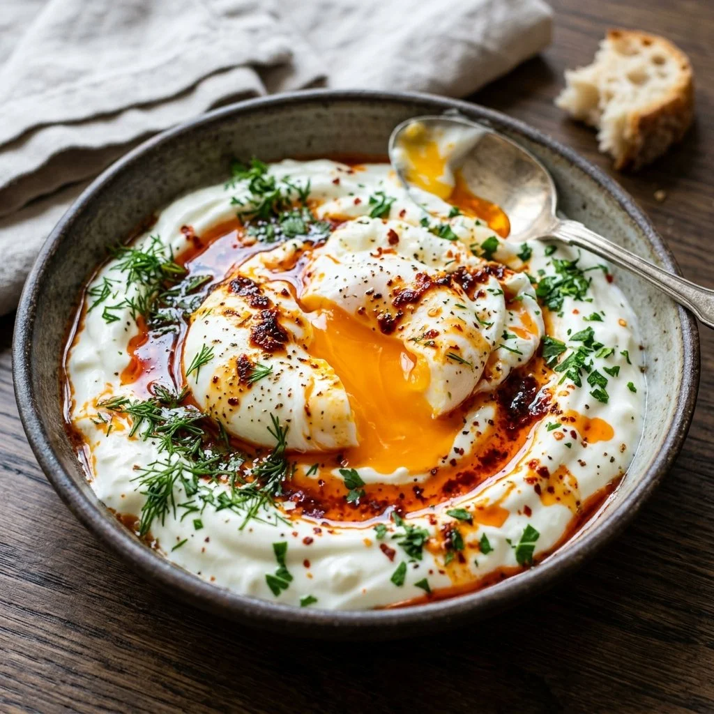 Turkish Eggs Cilbir with poached eggs and yogurt on a plate
