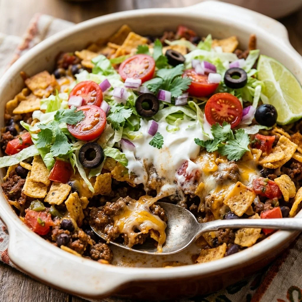 Delicious Walking Taco Casserole topped with cheese and fresh ingredients