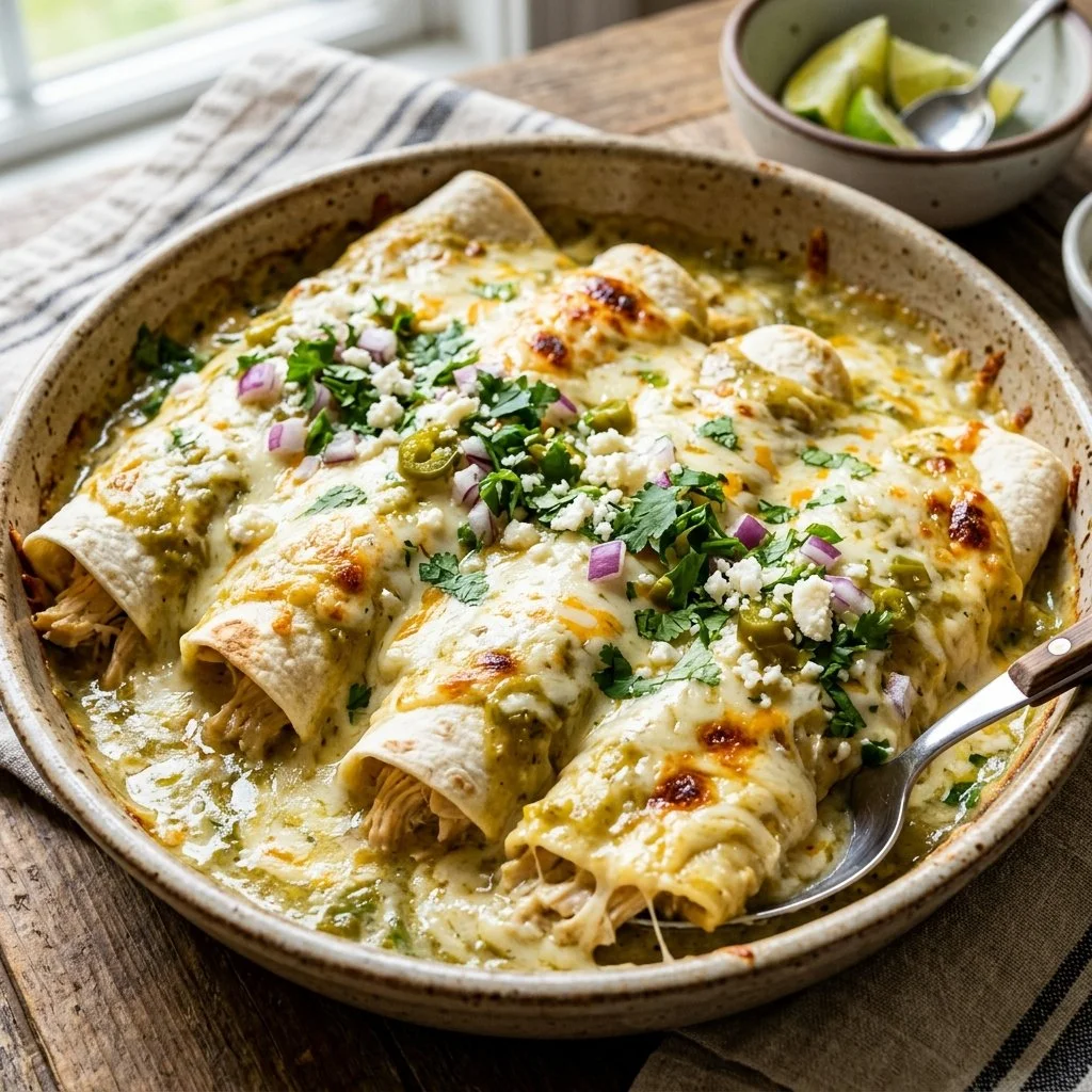 Delicious white chicken enchiladas topped with cheese and cilantro.