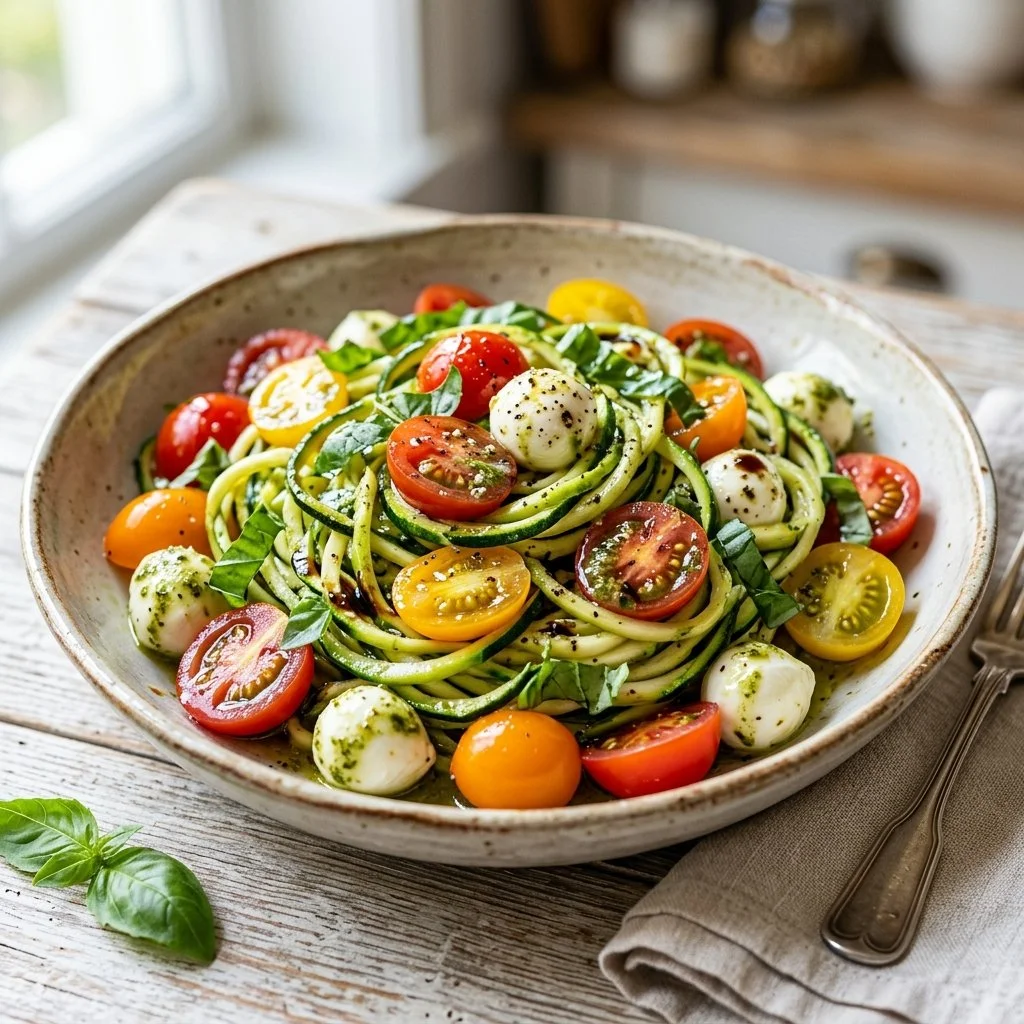 Zucchini noodle caprese salad with tomatoes and mozzarella cheese
