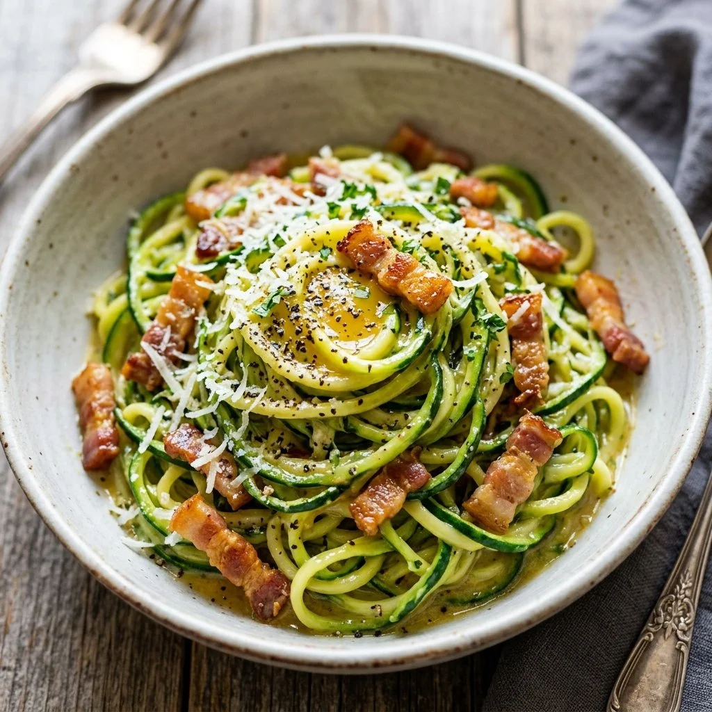 A bowl of creamy zucchini noodle carbonara topped with parmesan and herbs.