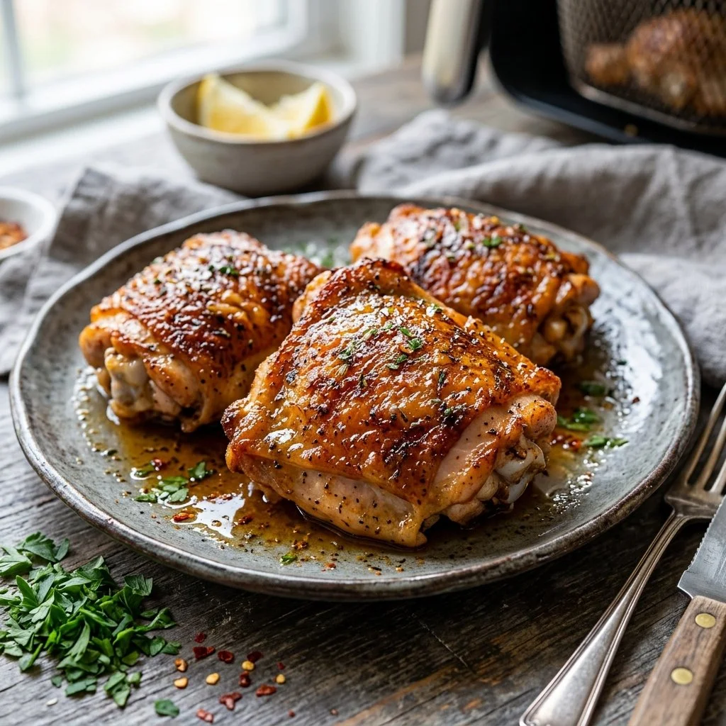 Crispy air fryer chicken thighs served with herbs and spices.