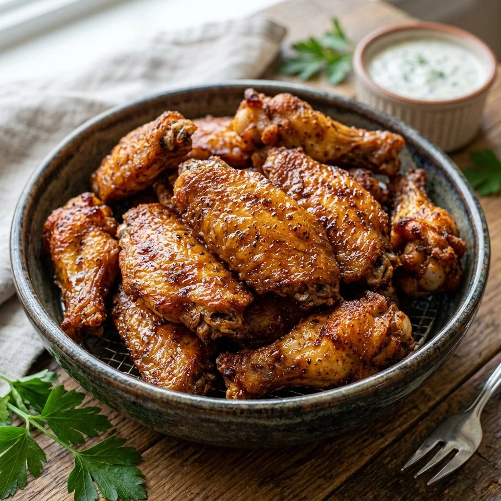 Crispy air fryer chicken wings garnished with herbs and spices