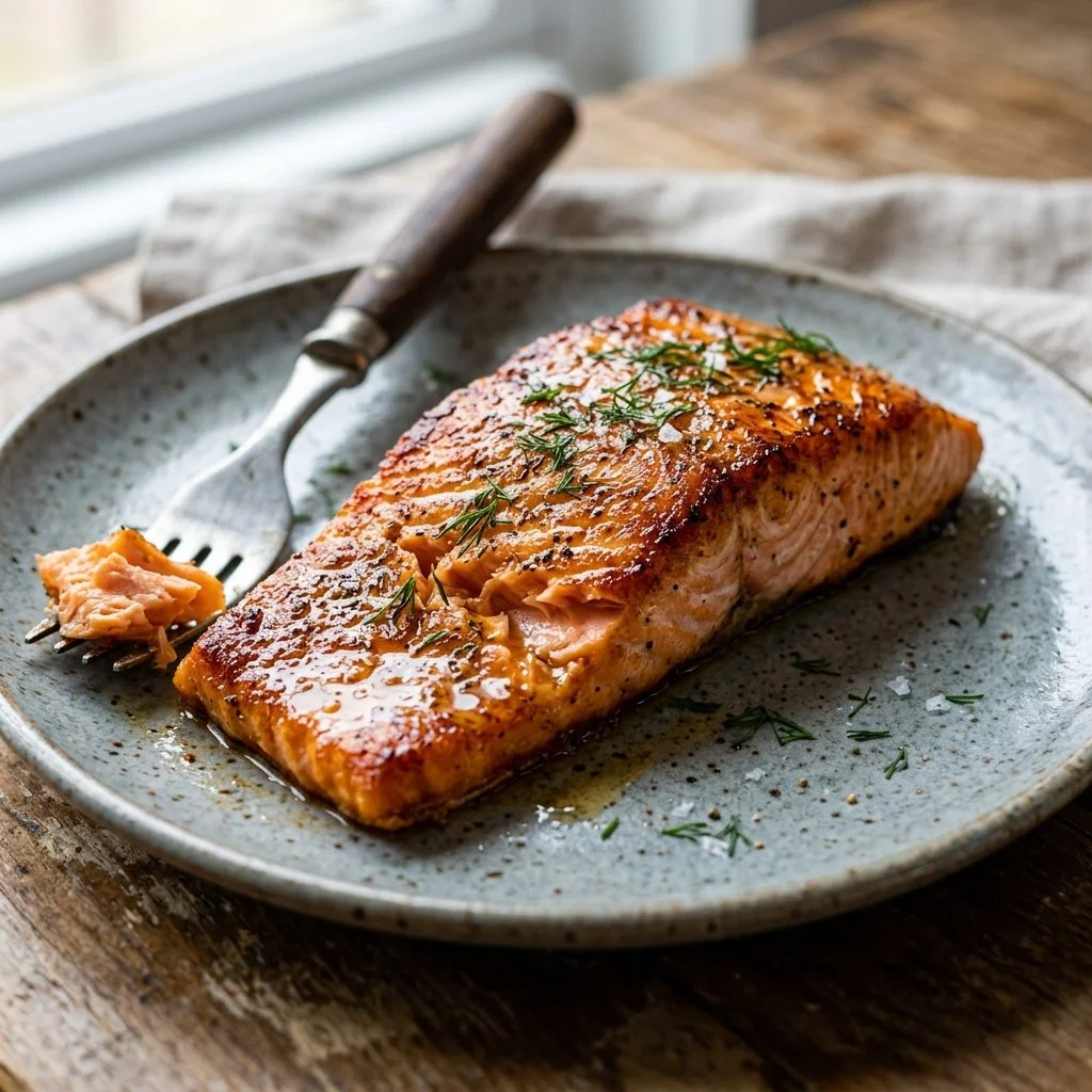 Delicious air fryer salmon fillet garnished with herbs and lemon