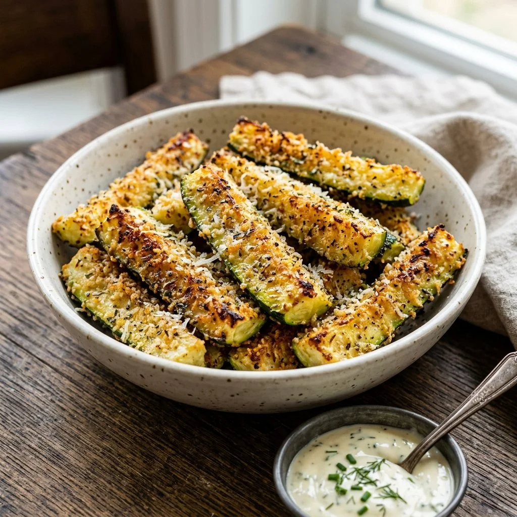 Crispy air fryer zucchini slices served in a bowl