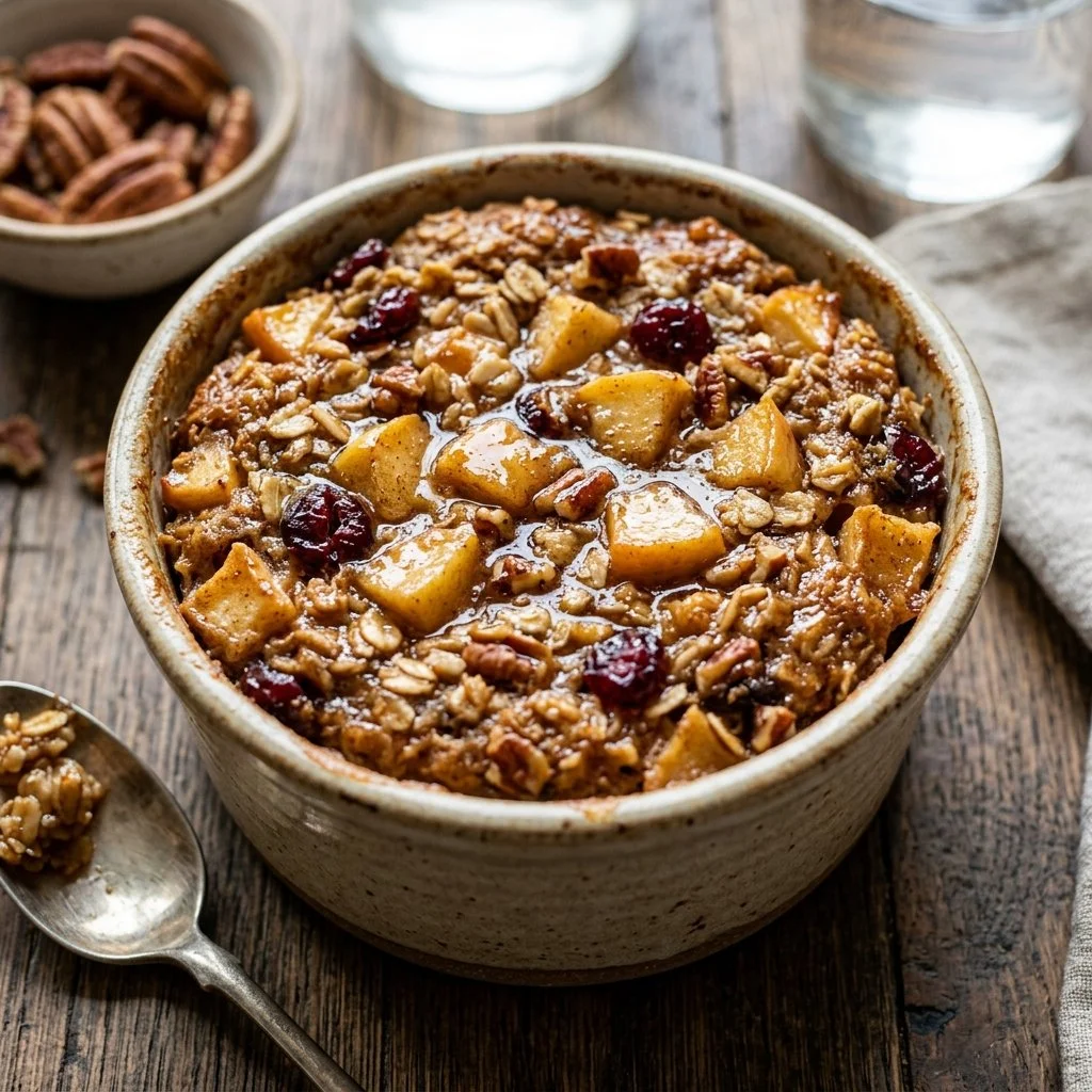 Bowl of apple cinnamon baked oatmeal topped with sliced apples and cinnamon