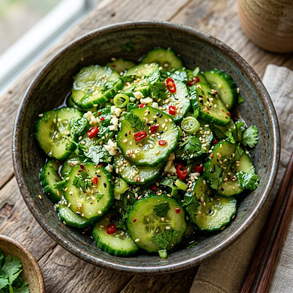 Fresh Asian cucumber salad with vibrant vegetables and a tasty dressing