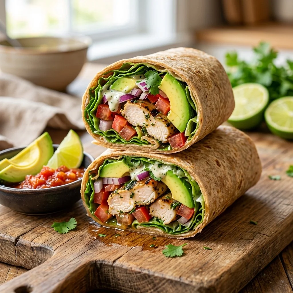 Healthy Avocado Chicken Wrap recipe with fresh ingredients