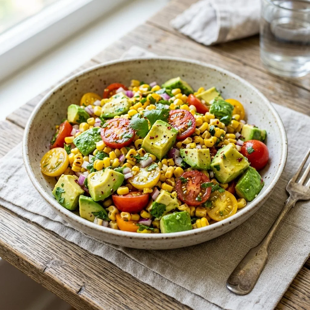 Fresh Avocado Corn Salad with vibrant vegetables and herbs