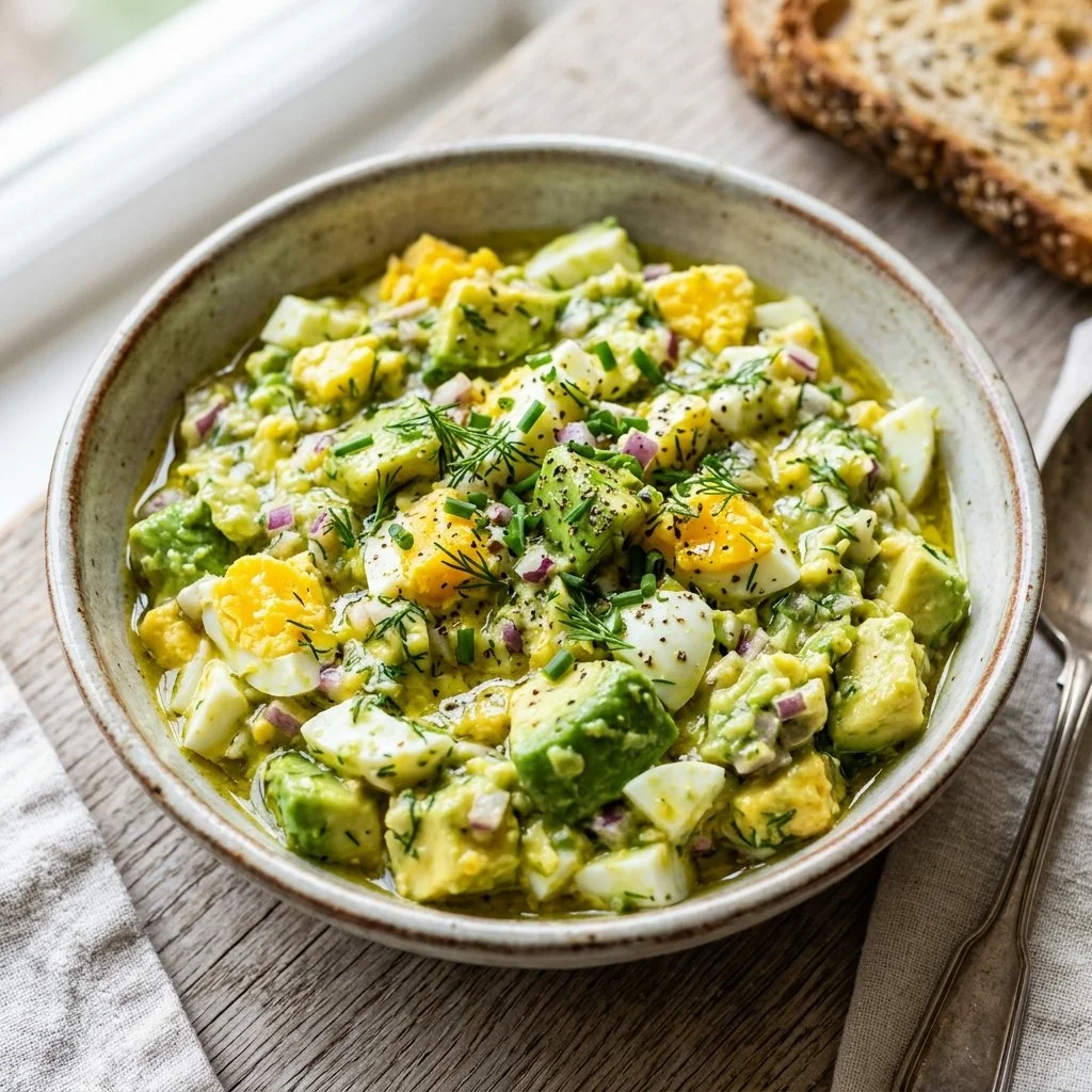 Delicious avocado egg salad in a bowl with fresh herbs