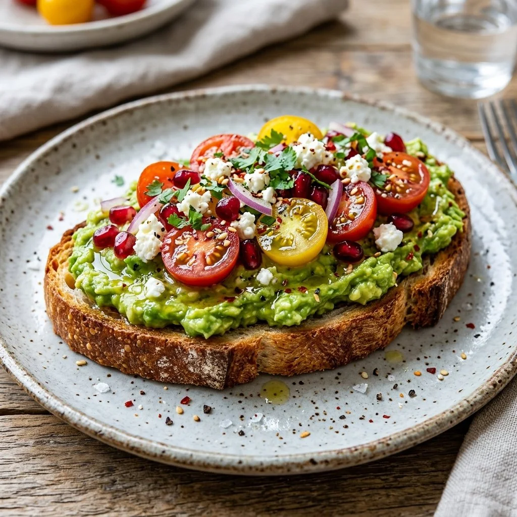Delicious avocado toast with toppings served on a wooden board